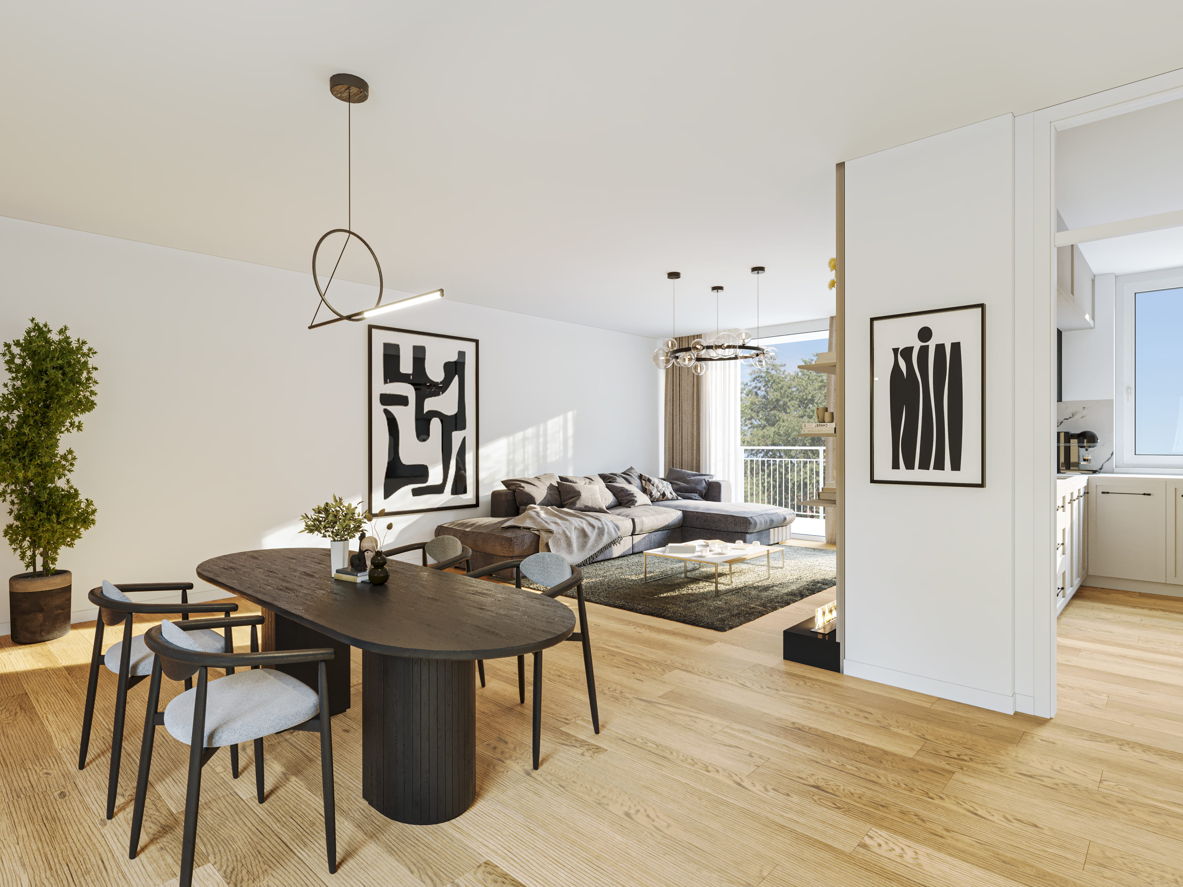 Virtuelles Home Staging eines hellen, offenen Wohn- und Essbereichs. Das Digital Home Staging zeigt ein Raumkonzept im Einrichtungsstil modern mit einem schwarzen ovalen Esstisch, einem großen grauen Ecksofa, hellem Holzboden und abstrakter Kunst.